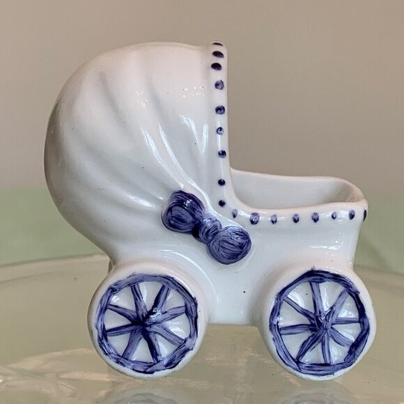 Vintage Baby Buggy Ceramic Planter Stroller Pram Hand Painted Newborn Boy Gift - Picture 2 of 13